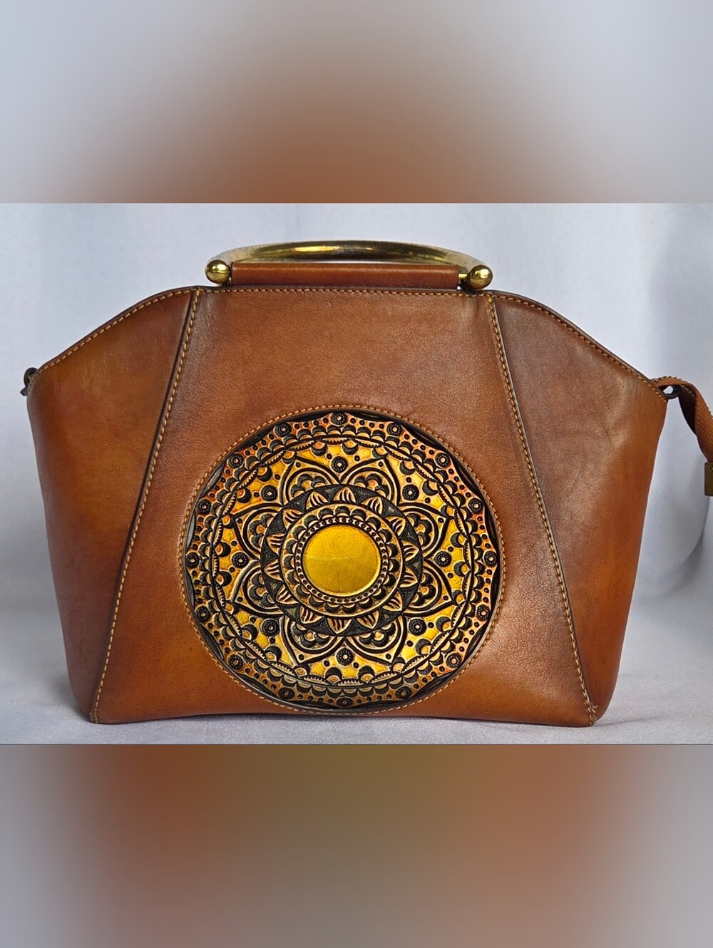 Vintage Genuine Tooled Leather Embossed Mandala Totem Handbag/ Purse